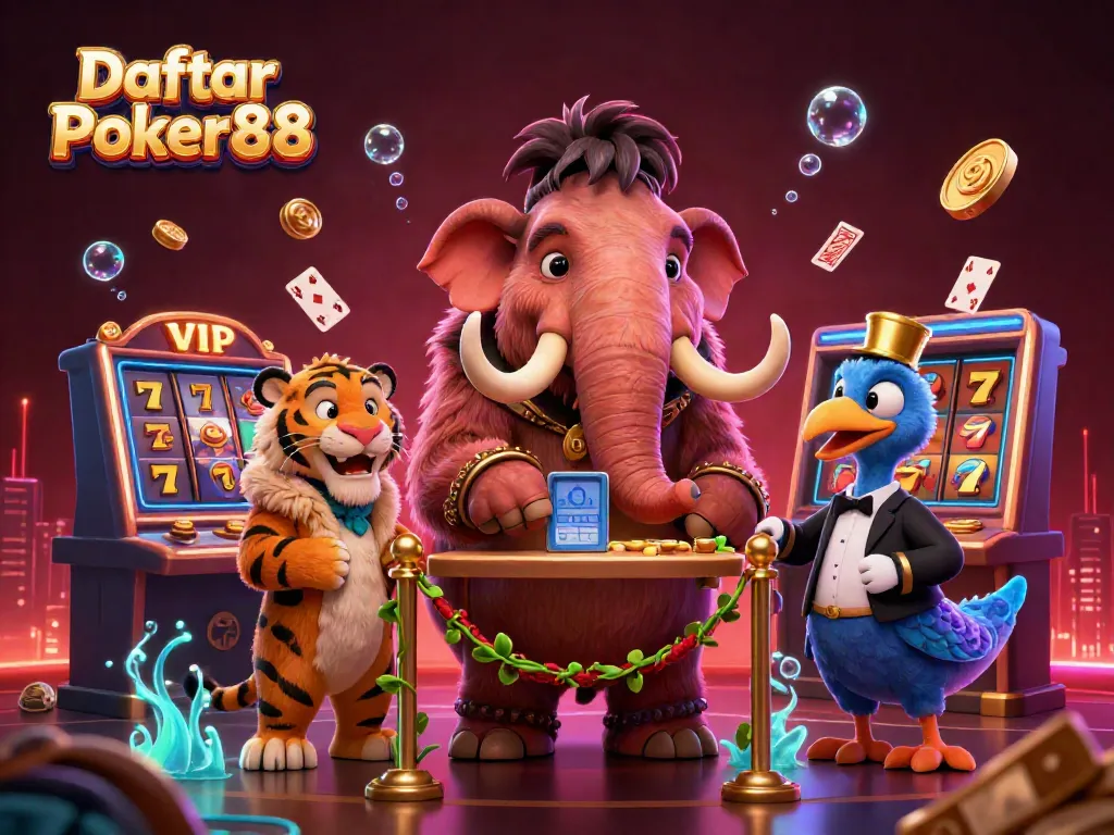 Experience the excitement at Daftar Poker88 with vibrant casino characters amidst dynamic gaming elements.