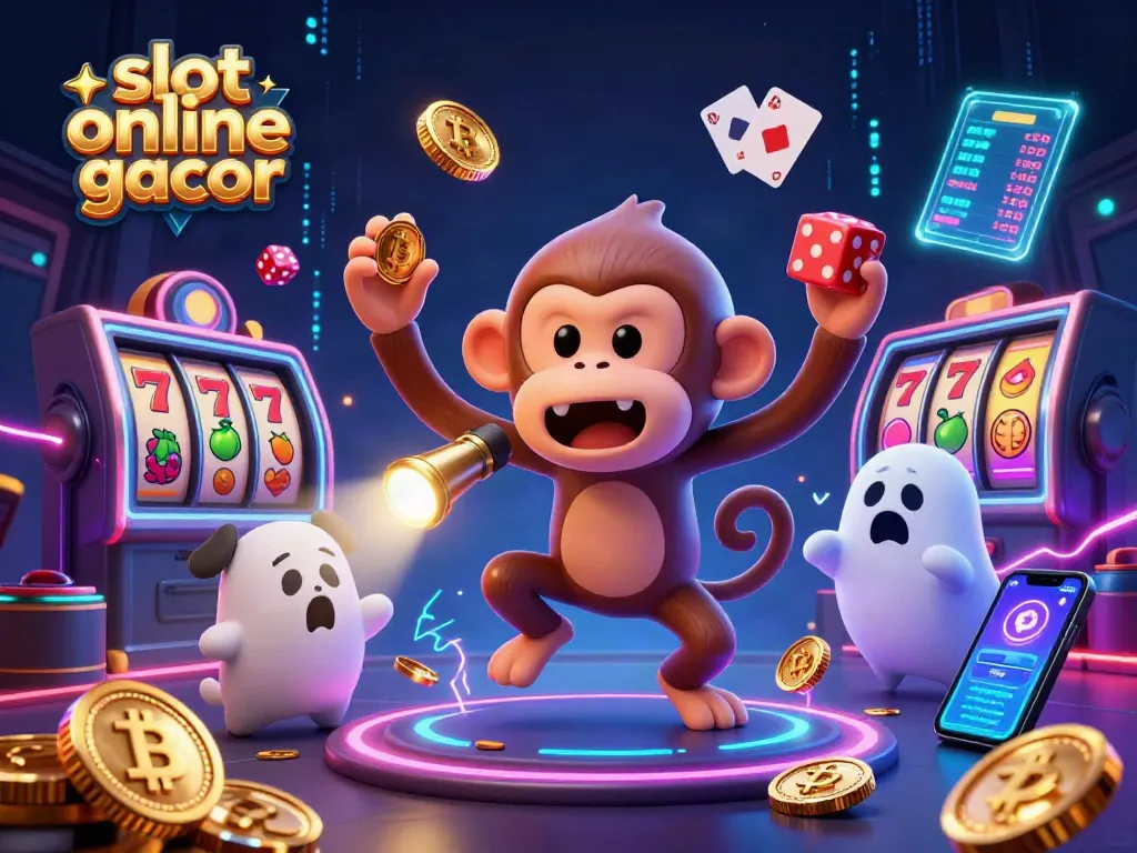 Engage with slot online gacor surrounded by vibrant casino elements and a mischievous monkey.