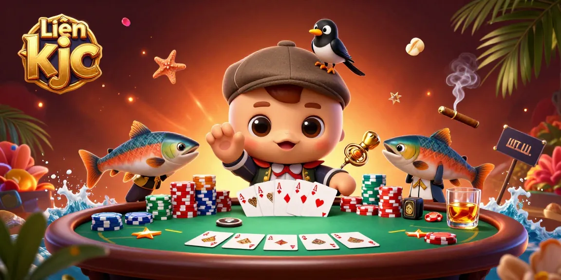 Participate in thrilling bets with Liên minh kjc depicted through fun 3D characters and poker elements.