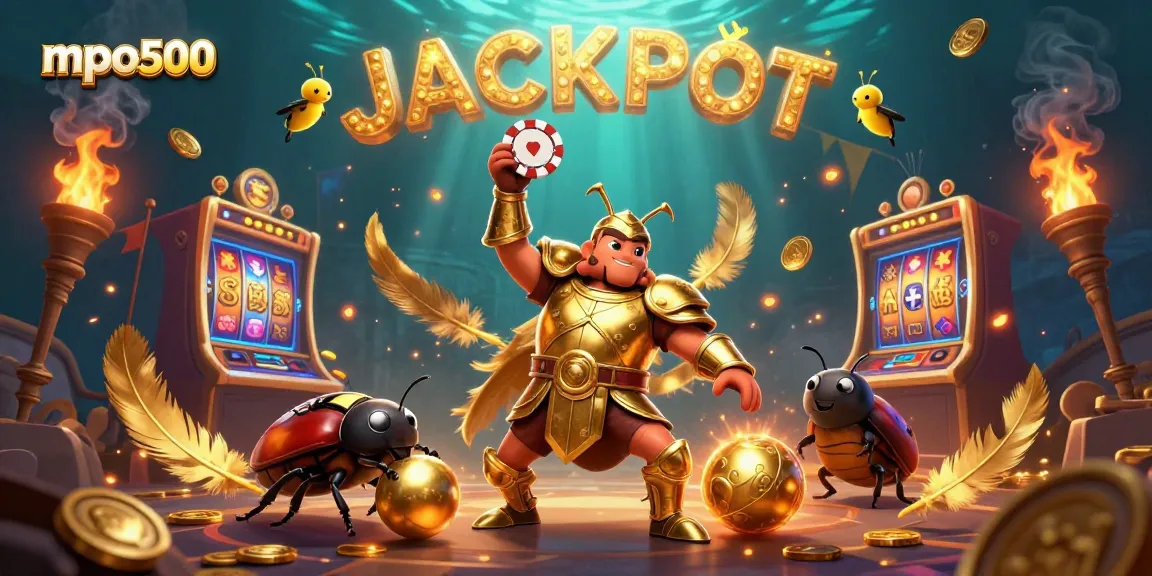 Engage with mpo500, witnessing a victorious insect showcasing a poker chip amidst vibrant slot game excitement.