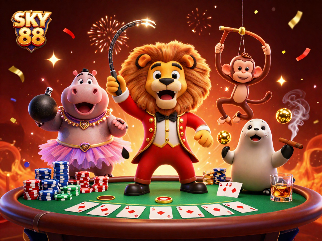 Experience thrilling poker action with SKY 88 in a vibrant circus-themed illustration.