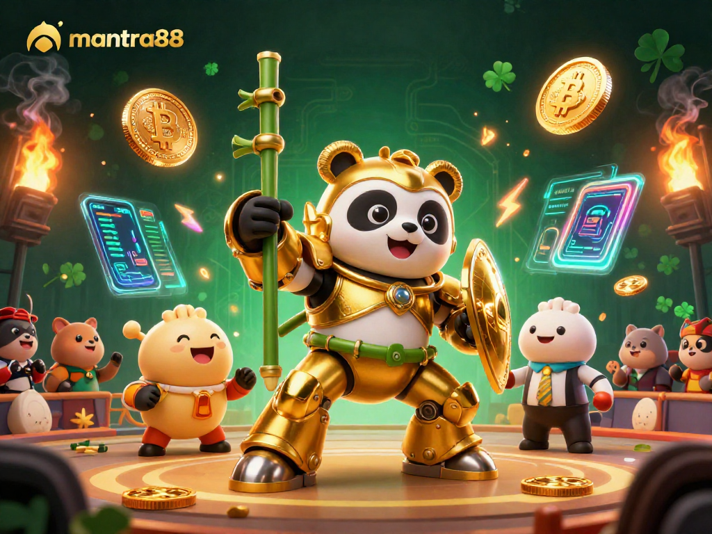 Experience exhilaration at mantra88 with dynamic 3D illustration featuring golden panda in a gaming arena.
