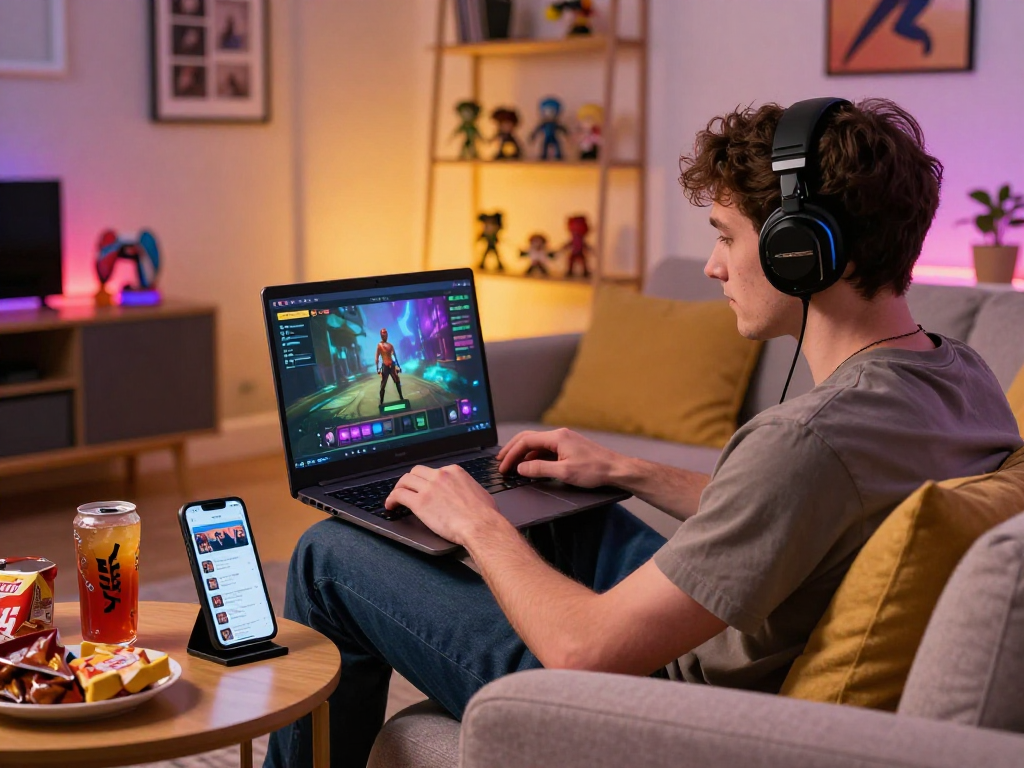 Engaged gamer playing a porn game on modern laptop in a cozy living room.