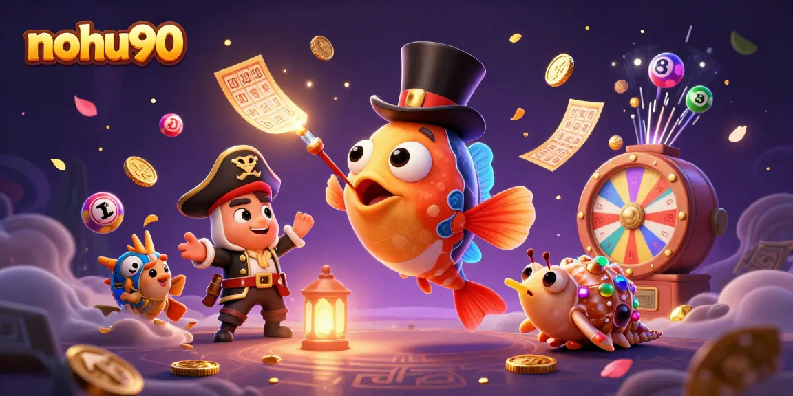 Nohu90 invites players to win with a vibrant casino fantasy scene featuring colorful game elements and glowing treasures.