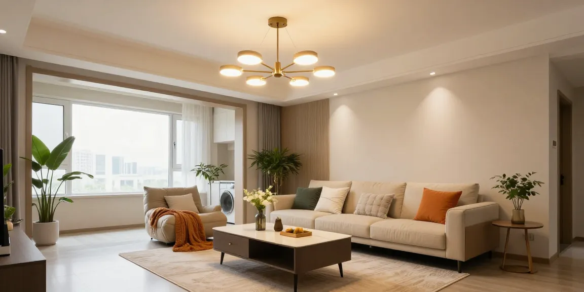 Ilustrație a unei lustre LED elegante într-un living modern, evidențiind designul contemporan.