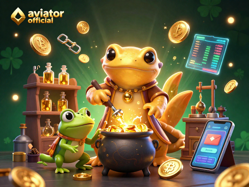 Experience the excitement of Aviator official with a dynamic casino-themed illustration showcasing golden alchemy and crypto elements.