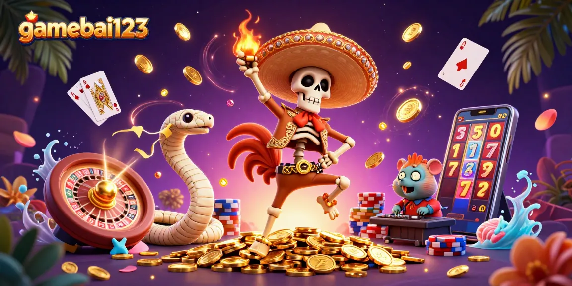 Experience thrilling gaming with gamebai123, featuring a vibrant casino scene of celebrating characters.