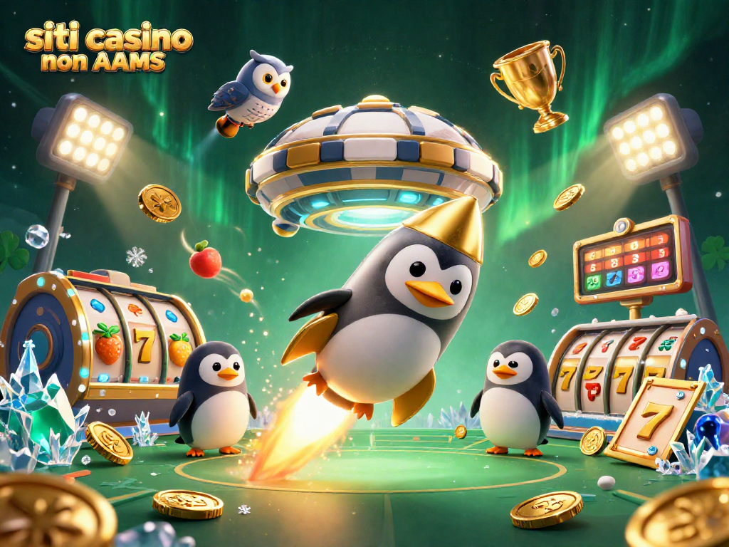 Il logo "siti casino non AAMS" brilla mentre il pinguino d'oro attraversa lo spazio verso le slot.