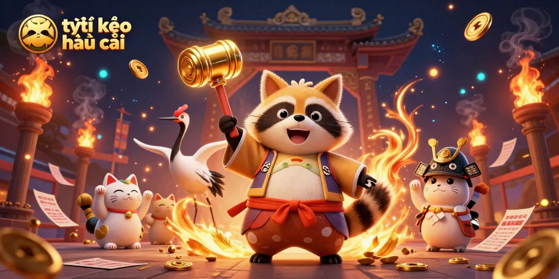 Betting action with tỷ lệ kèo nhà cái in vibrant 3D animation featuring a tanuki, crane, and fortune cats.