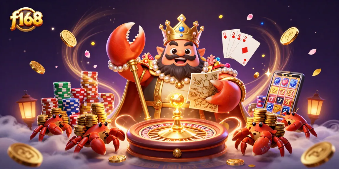 Experience the excitement of f168 with the golden crab emperor ruling over treasure and games in this vibrant casino scene.