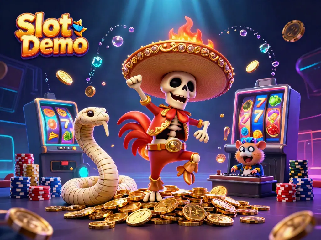Experience the thrill of Slot Demo as a mariachi rooster celebrates on coins amidst lively slot reels.