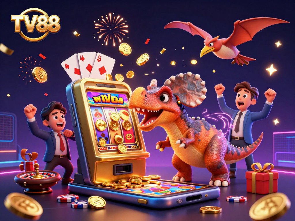 TV88 players enjoy exhilarating jackpot wins with colorful slot machines and festive coins raining down.