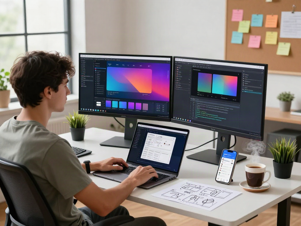 Pikashow APK download showcased in a modern workspace with a developer coding on dual monitors.