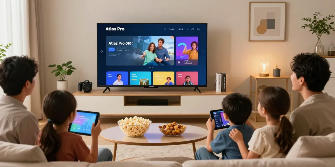 Family enjoying Atlas Pro ONTV streaming movies in a cozy living room.