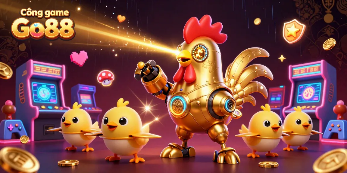 Cổng game Go88 showcases a vibrant 3D illustration with a golden rooster robot and arcade elements, igniting excitement among gamers.