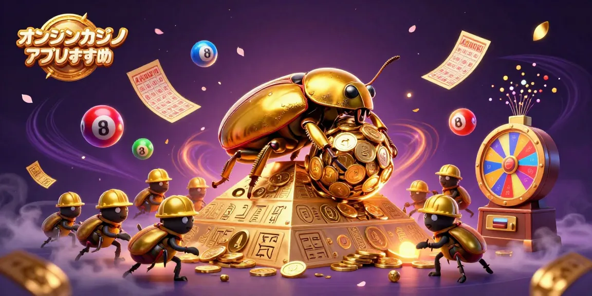 オンラインカジノ アプリおすすめをテーマにした金色ダンゴムシと宝くじのボールが躍動するイラスト