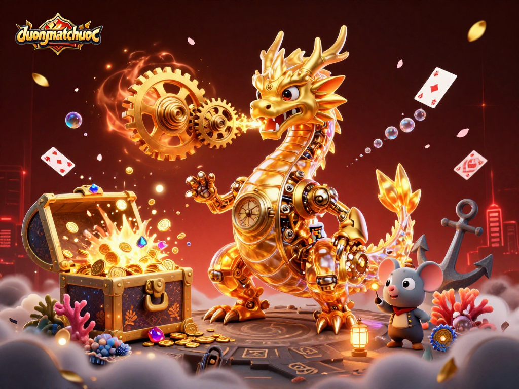 Play thrilling duongmatchuoc with a golden dragon unleashing gems and coins in a captivating scene.
