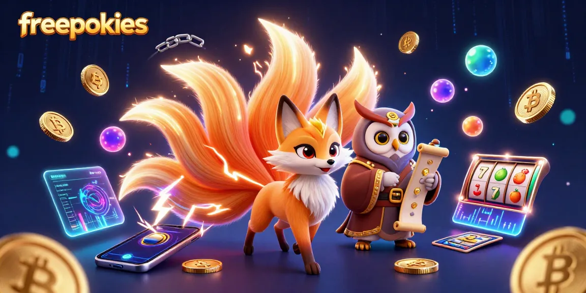 Spin freepokies with vibrant characters and crypto elements in a dynamic casino scene.