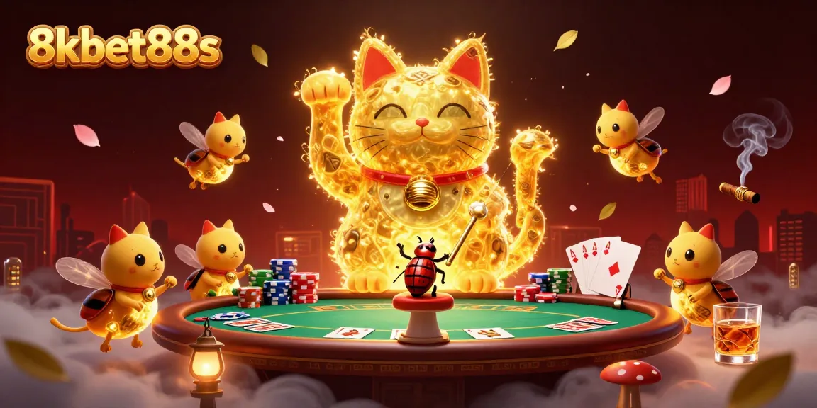 Play and win at 8kbet88s with a vibrant casino scene featuring lucky cat and poker elements.