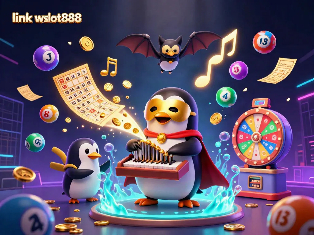 Gambarkan pengalaman bermain slot di link wslot888 dengan penguin beropera dan elemen lotere yang meriah.