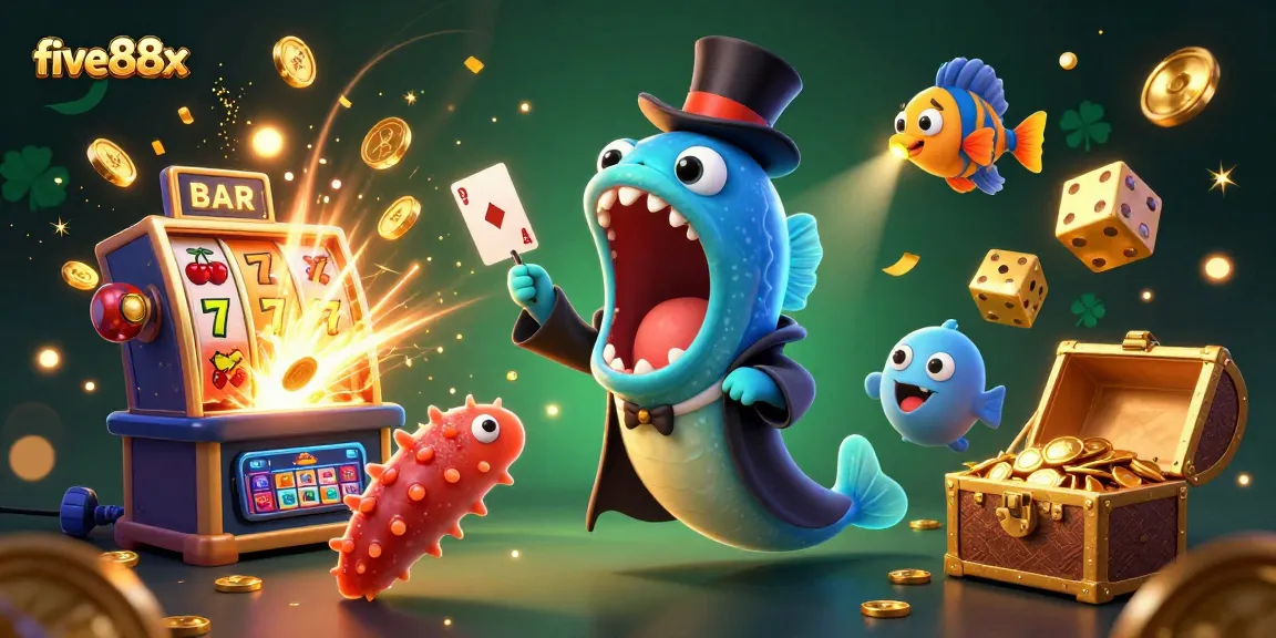 Experience exciting card tricks with five88x, featuring a bioluminescent eel magician and casino elements.