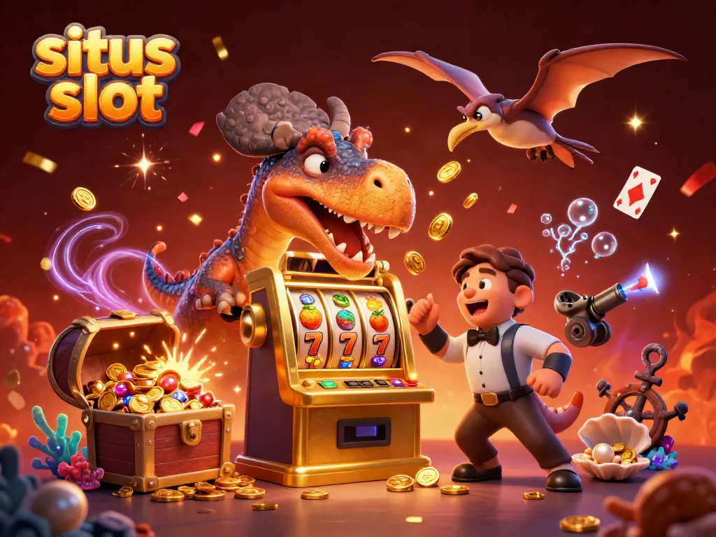 Pachycephalosaurus menendang mesin slot emas di situs slot dengan koin jackpot terbang di sekitarnya