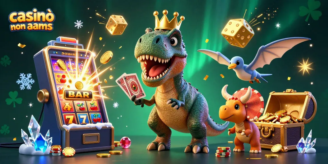 Giocare nei casinò non AAMS mentre un T-Rex e un pterodattilo animano l'azione con slot e monete volanti.