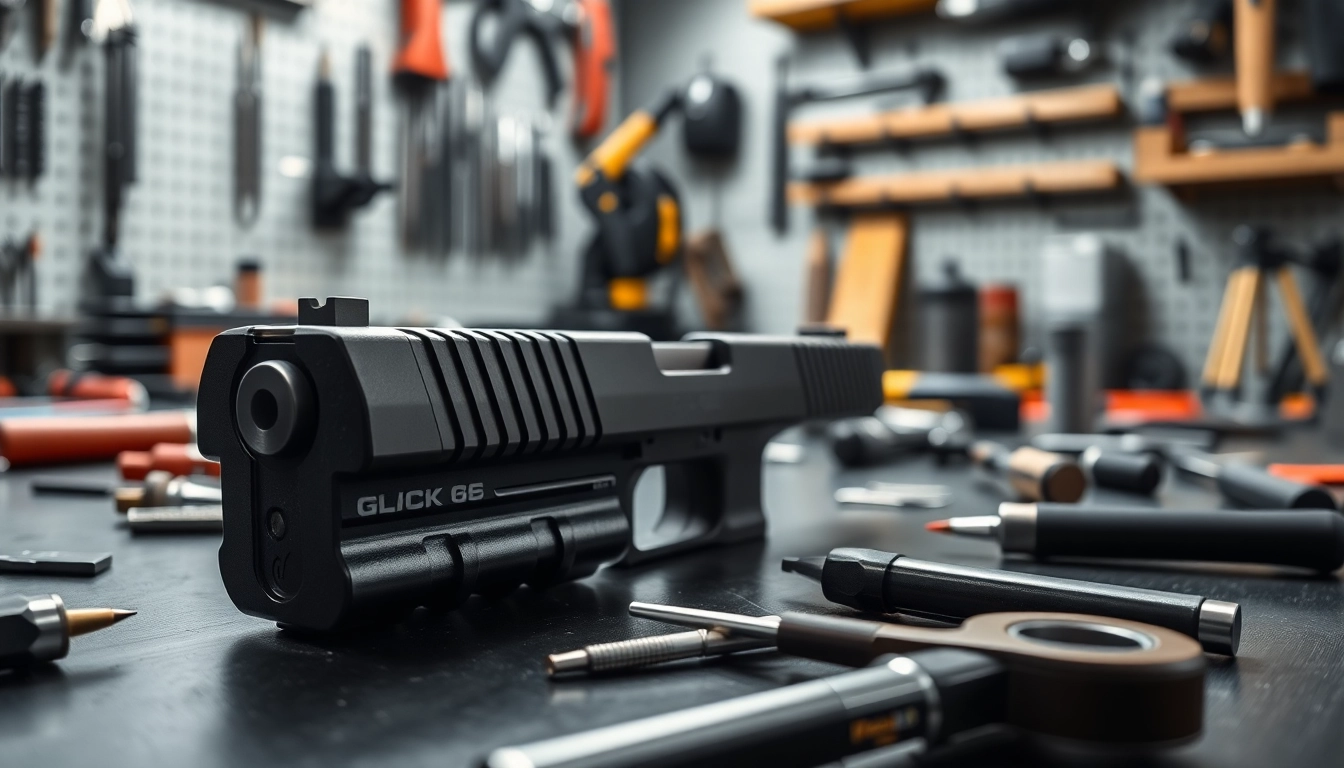 Examine glock 26 slide oem with detailed craftsmanship and precision in a workshop.