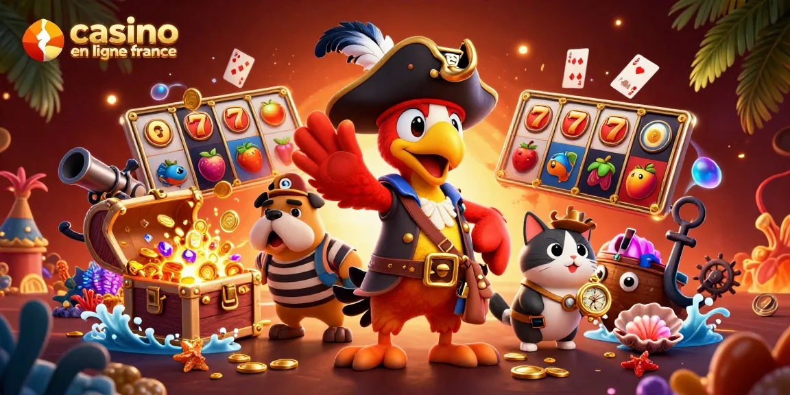 Jouez au casino en ligne France avec des personnages colorés en plein action autour de trésors et de machines à sous.