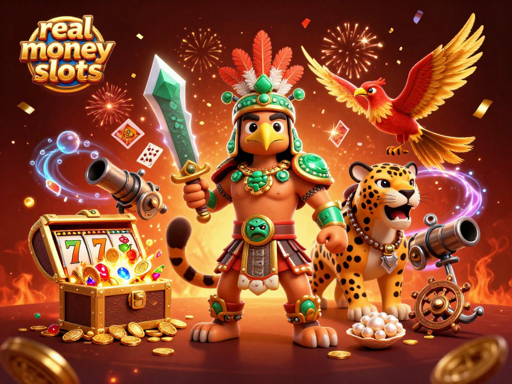 Spin real money slots with an Aztec warrior in vibrant, festive gaming environment.