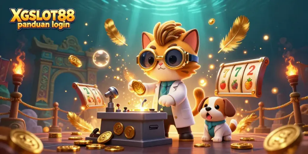 Permainan slot menarik dengan XGSLOT88 panduan login, menampilkan kucing ilmuwan dan anjing di laboratorium.
