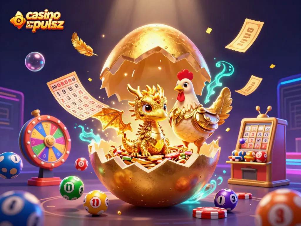 Engage with casino games like pulsz, featuring golden dragon, casino chips, and vibrant lottery elements.