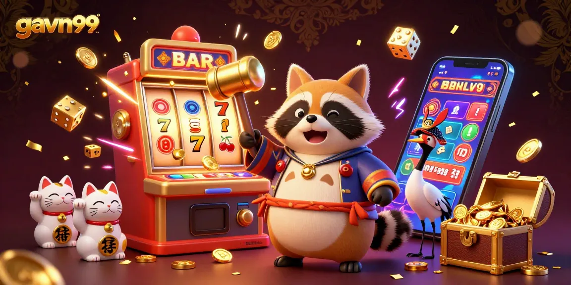 Engage with gavn99's exhilarating casino experience featuring a tanuki and crane alongside fortune cats.