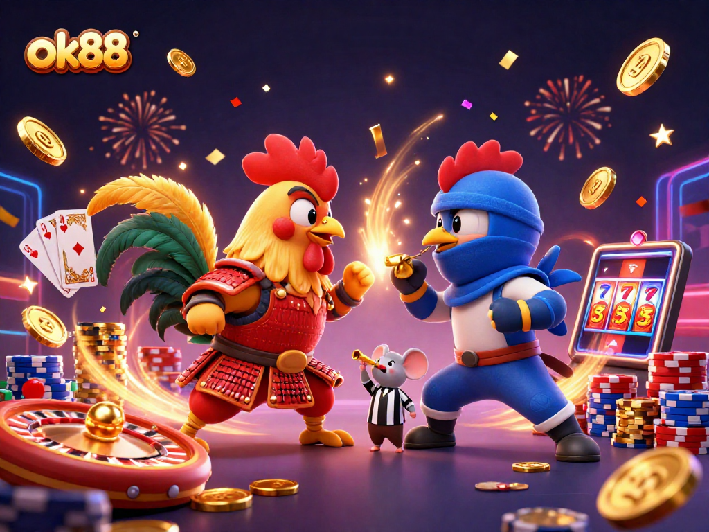 Experience thrilling action at ok88 with cartoon roosters clashing in a gambling showdown.