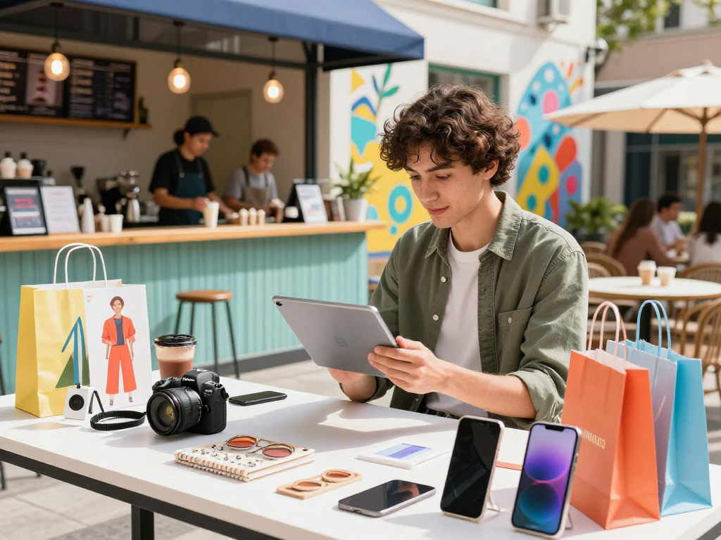 Engaging e-commerce shopping scene featuring mantra88 products in a vibrant urban café.