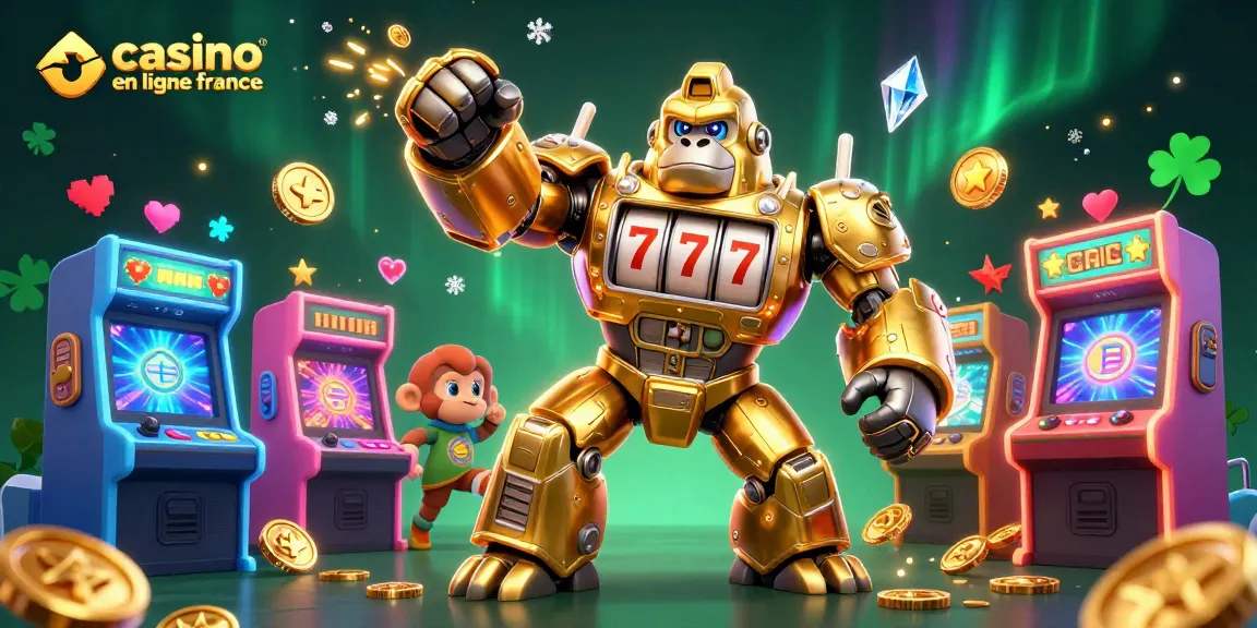 Gagnez avec le gorille mech en or du casino en ligne France, entouré de jeux d'arcade colorés.
