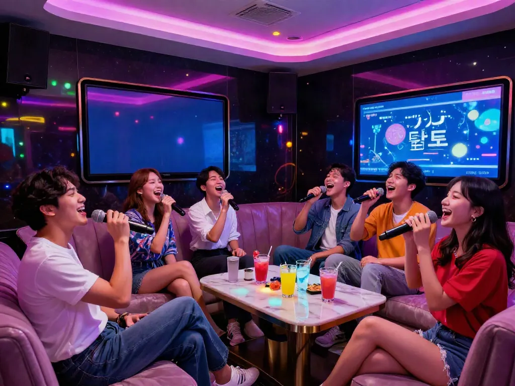강남 달토에서 즐겁게 노래하는 친구들 장면, 고급스러운 분위기 속에서 달리는토끼의 즐거움을 경험.