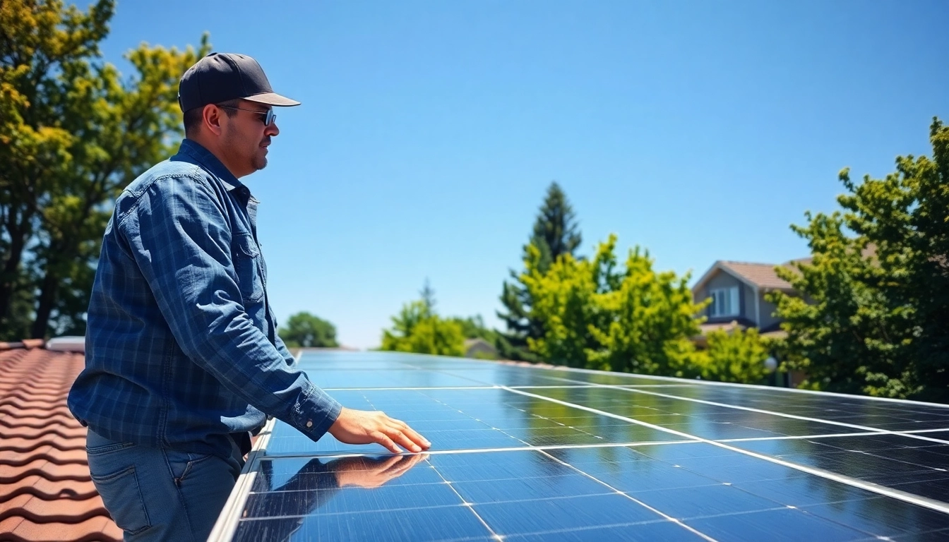Inspecting solar panel repair near me with a technician on a sunny rooftop environment.