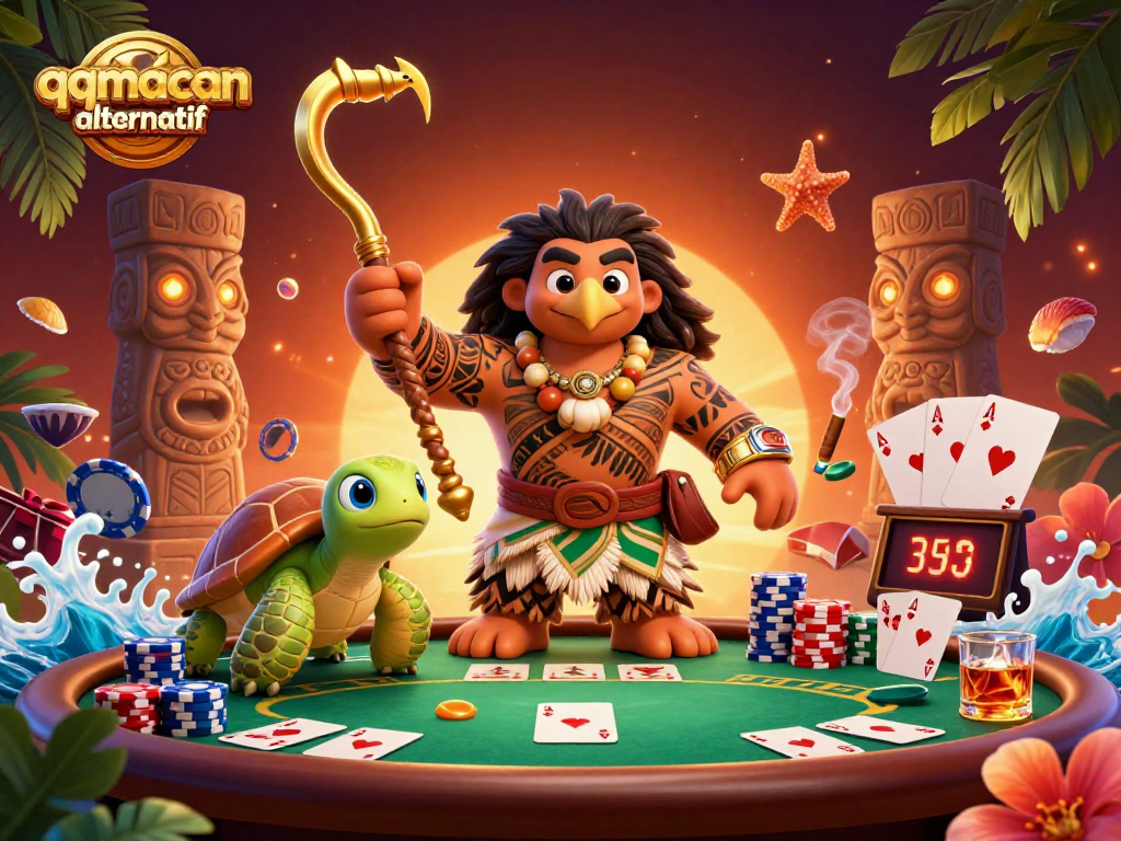 Experience excitement with qqmacan alternatif at a vibrant poker scene featuring unique characters.
