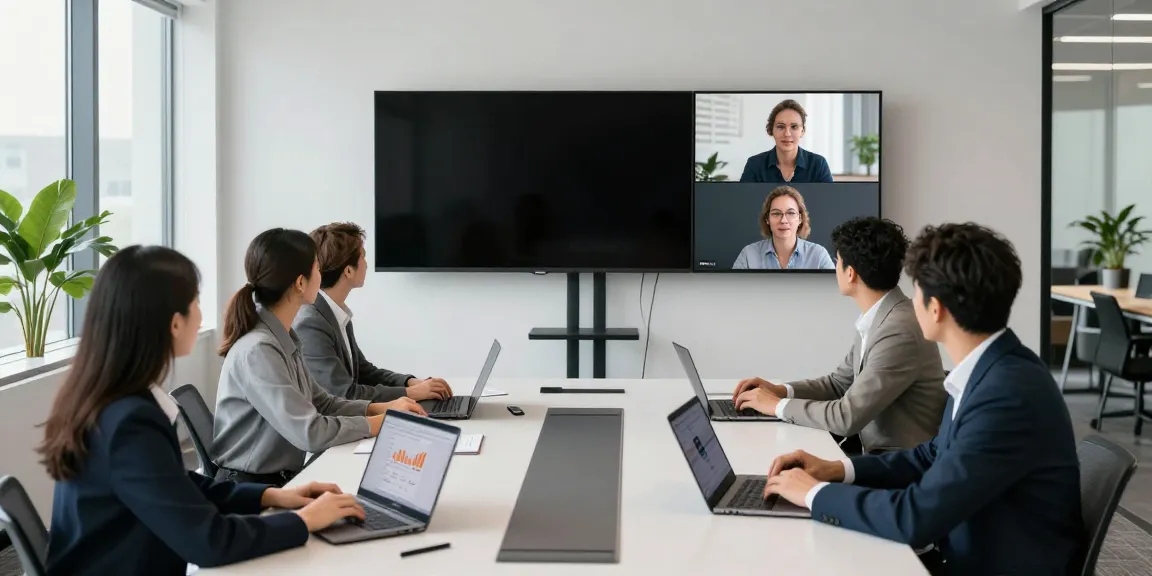 Deepfake free meetings scenario in a modern corporate office with diverse team engaged in video conference.