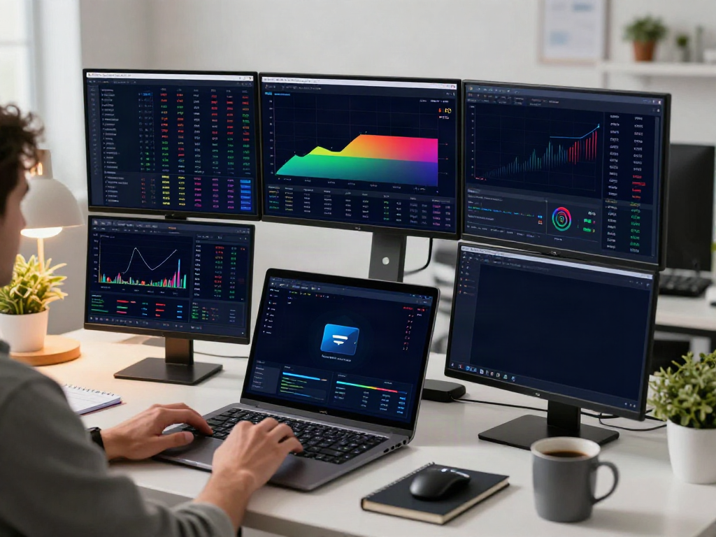 Real-time trading environment showcasing one API for stocks forex crypto with advanced cryptocurrency analytics on multiple screens.
