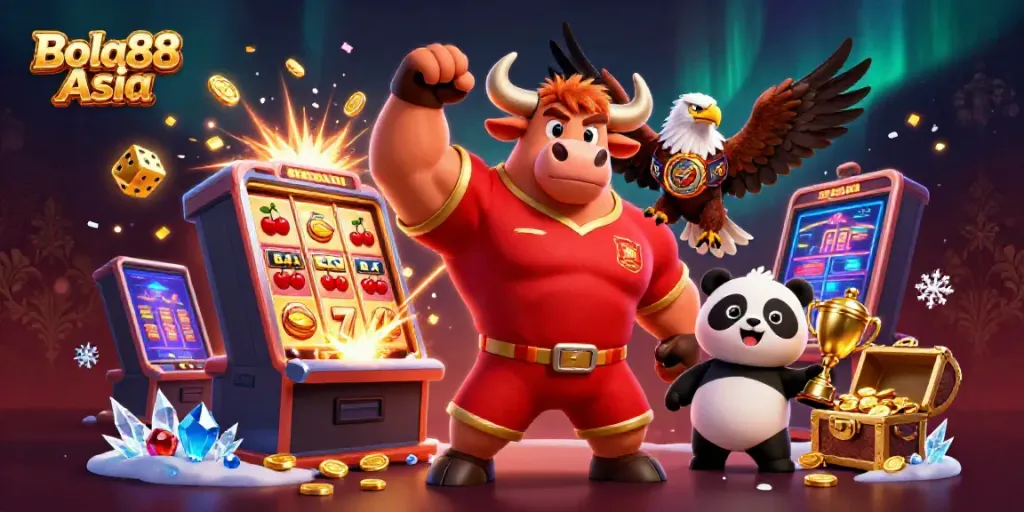 Bola88 Asia showcases a vibrant 3D scene featuring a bull mascot, eagle, and panda celebrating with casino elements.