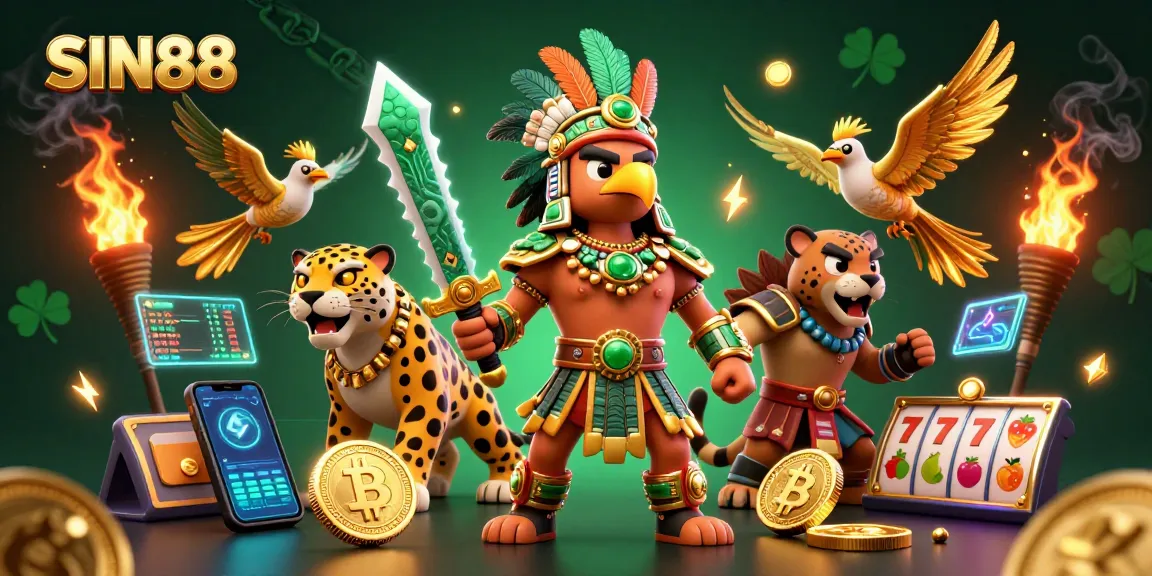 Experience the thrill of SIN88 with Aztec warriors and neon crypto coins in a vibrant casino scene.