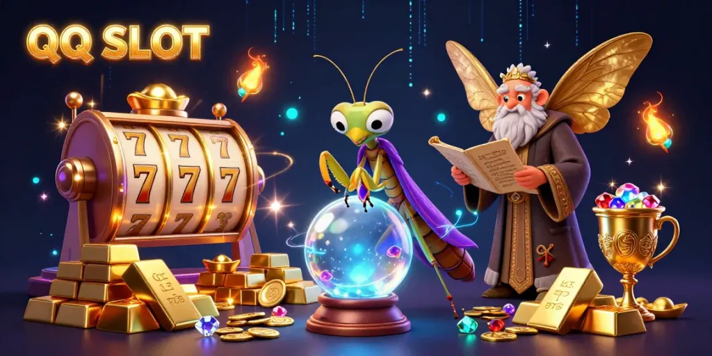 Experience QQ SLOT dynamism with a fortune teller, moth librarian, and treasure-filled scene.