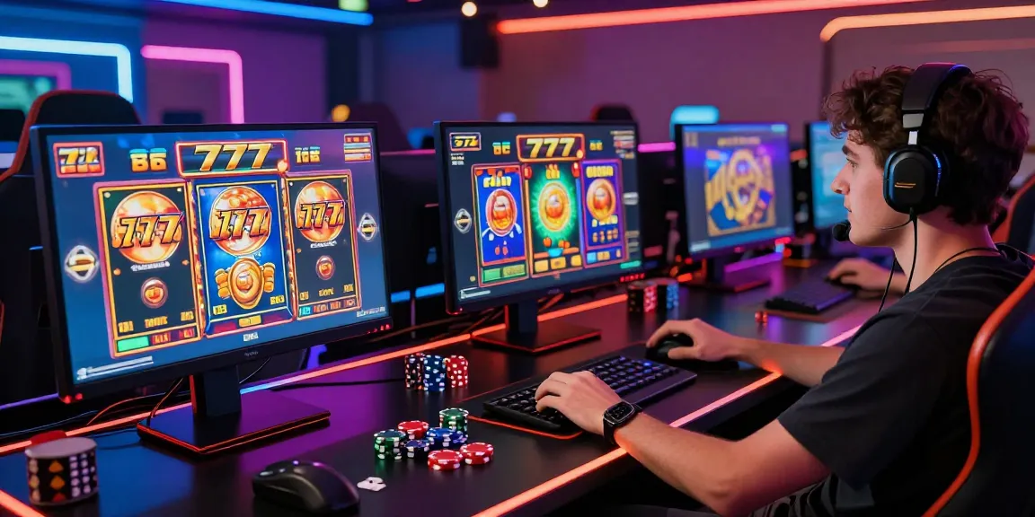 Excited gamer playing slot 777 games on multiple monitors in a vibrant gaming setup.