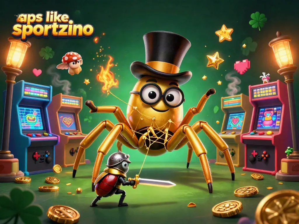 Play engaging games like those in Sportzino, featuring a cartoon tarantula and vibrant casino elements.