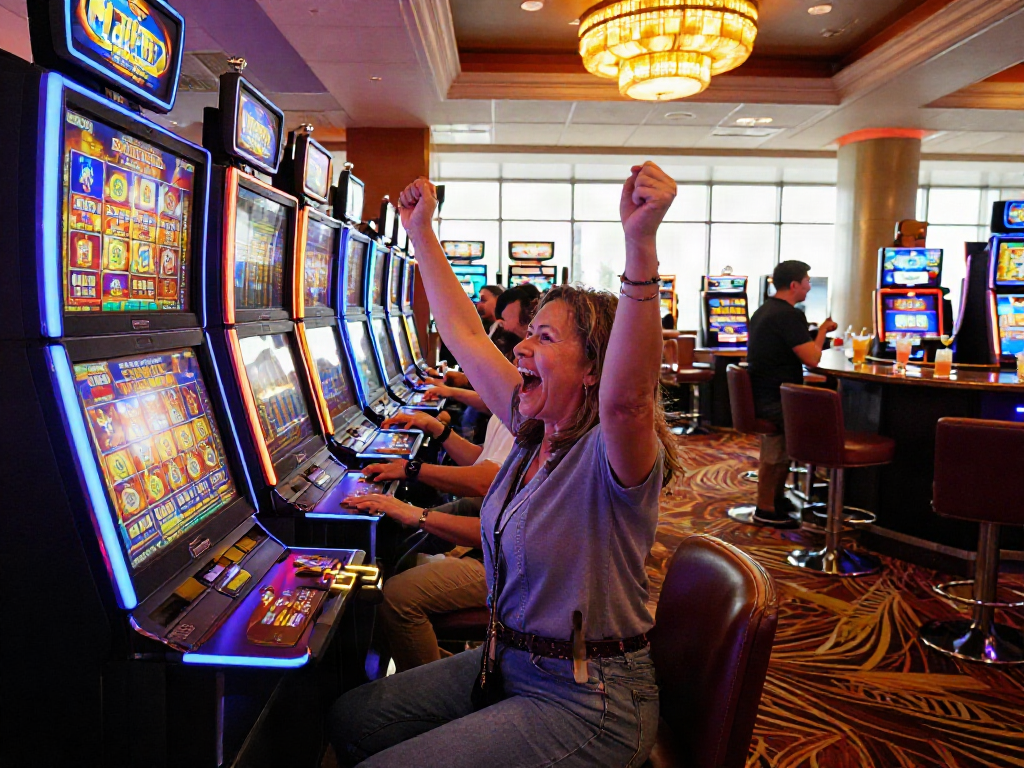 A lively casino scene featuring a player at a slot gacor machine celebrating a big win amidst vibrant lights and an energetic atmosphere.