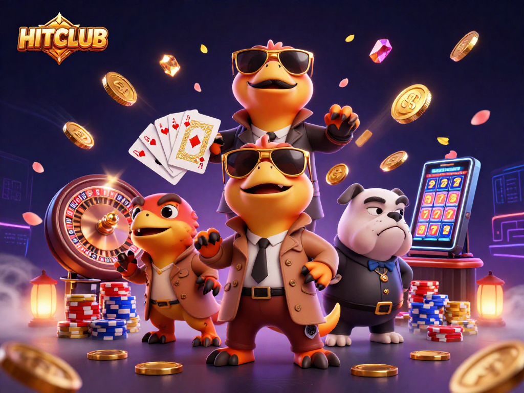 Join the excitement at HITCLUB with raptors in disguise entering the VIP casino lounge surrounded by vibrant gaming elements.