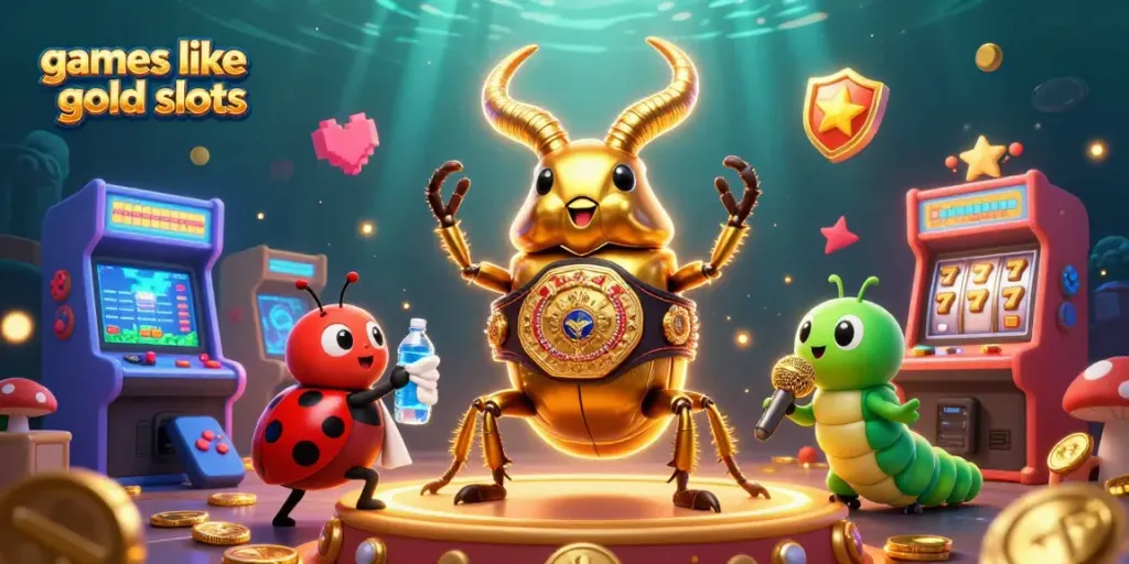 Engage with games like go go gold slots in a vibrant 3D scene featuring a boxing beetle and arcade elements.