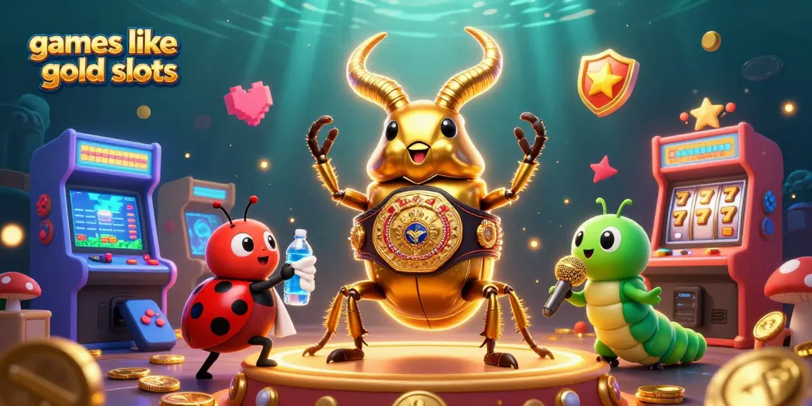Engage with games like go go gold slots in a vibrant 3D scene featuring a boxing beetle and arcade elements.